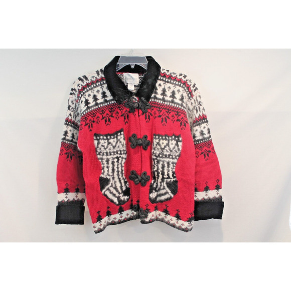 Sequel Holiday Cardigan Sweater sizeM Red Black Velour Trim Chinese Knot Buttons - Picture 1 of 7